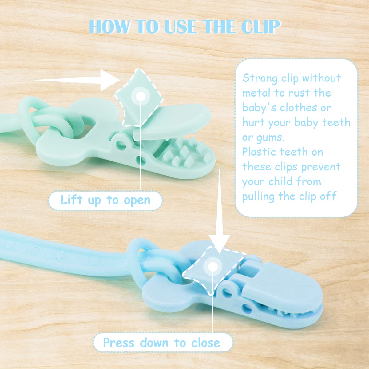 BEBOAN loop design pacifier clip showing easy knot technique.