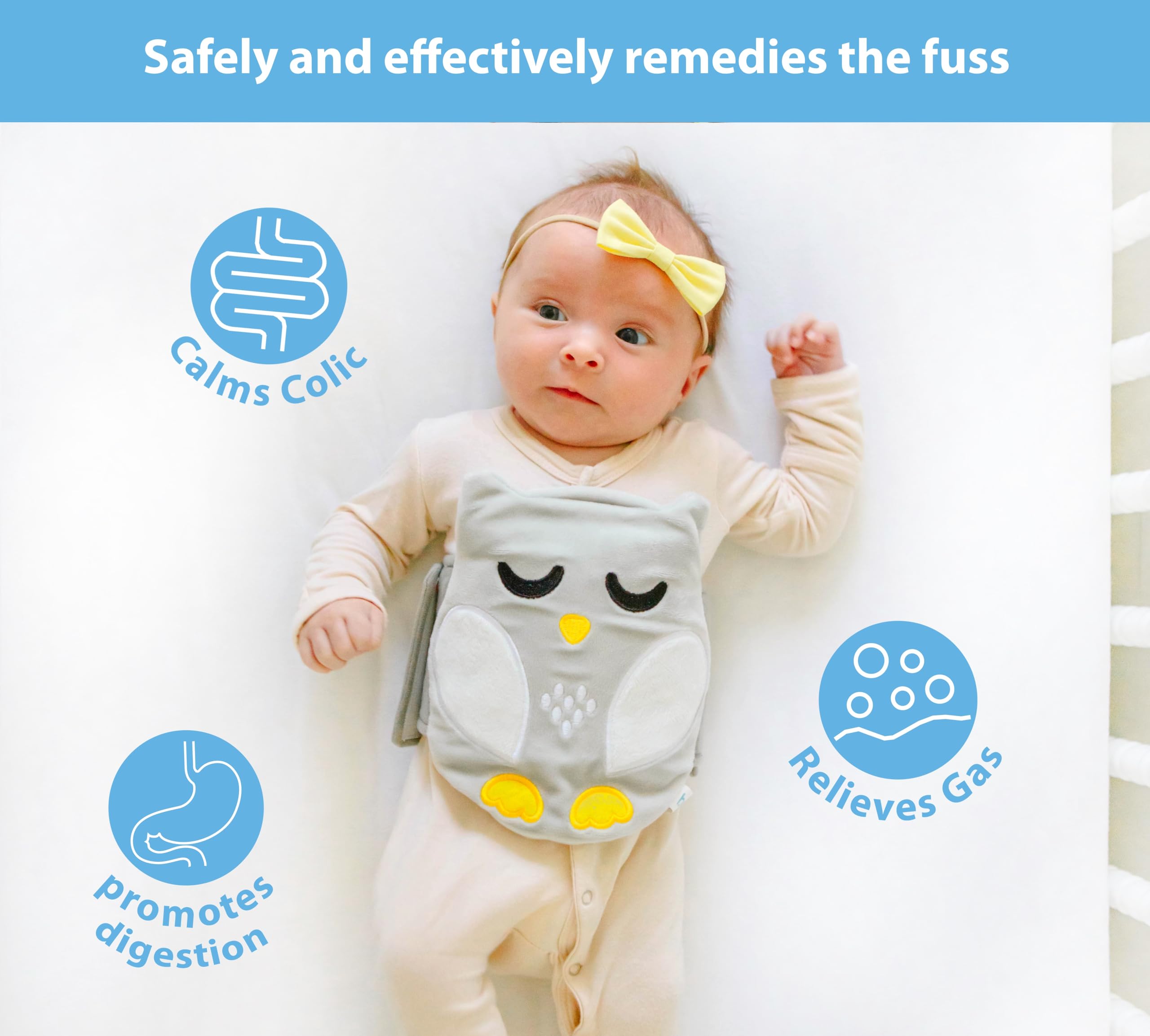 Bebon Belly Hugger owl pattern helps distract and calm a fussy infant.