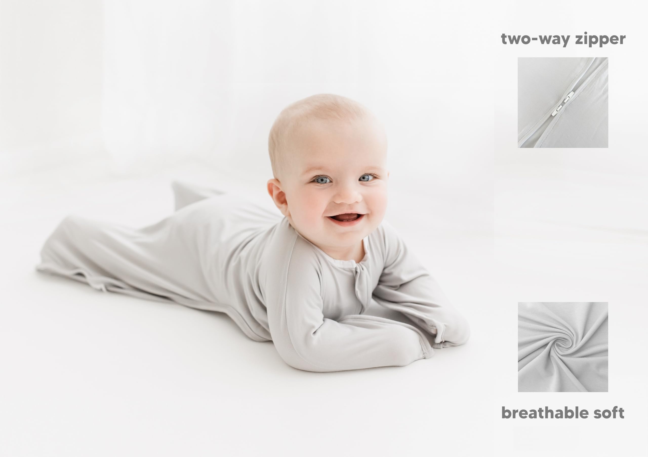 bebon Transition Swaddle CozyGrey small 4-8 month baby sleeping in wearable blanket.