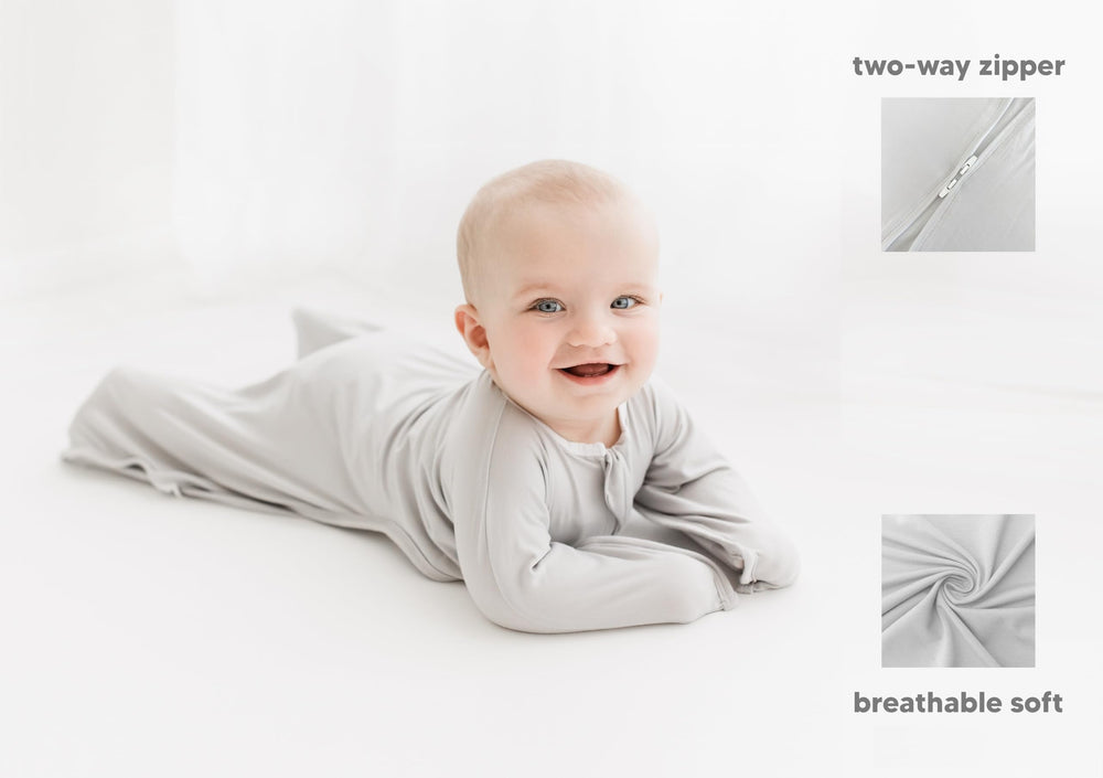bebon Transition Swaddle CozyGrey small 4-8 month baby sleeping in wearable blanket.