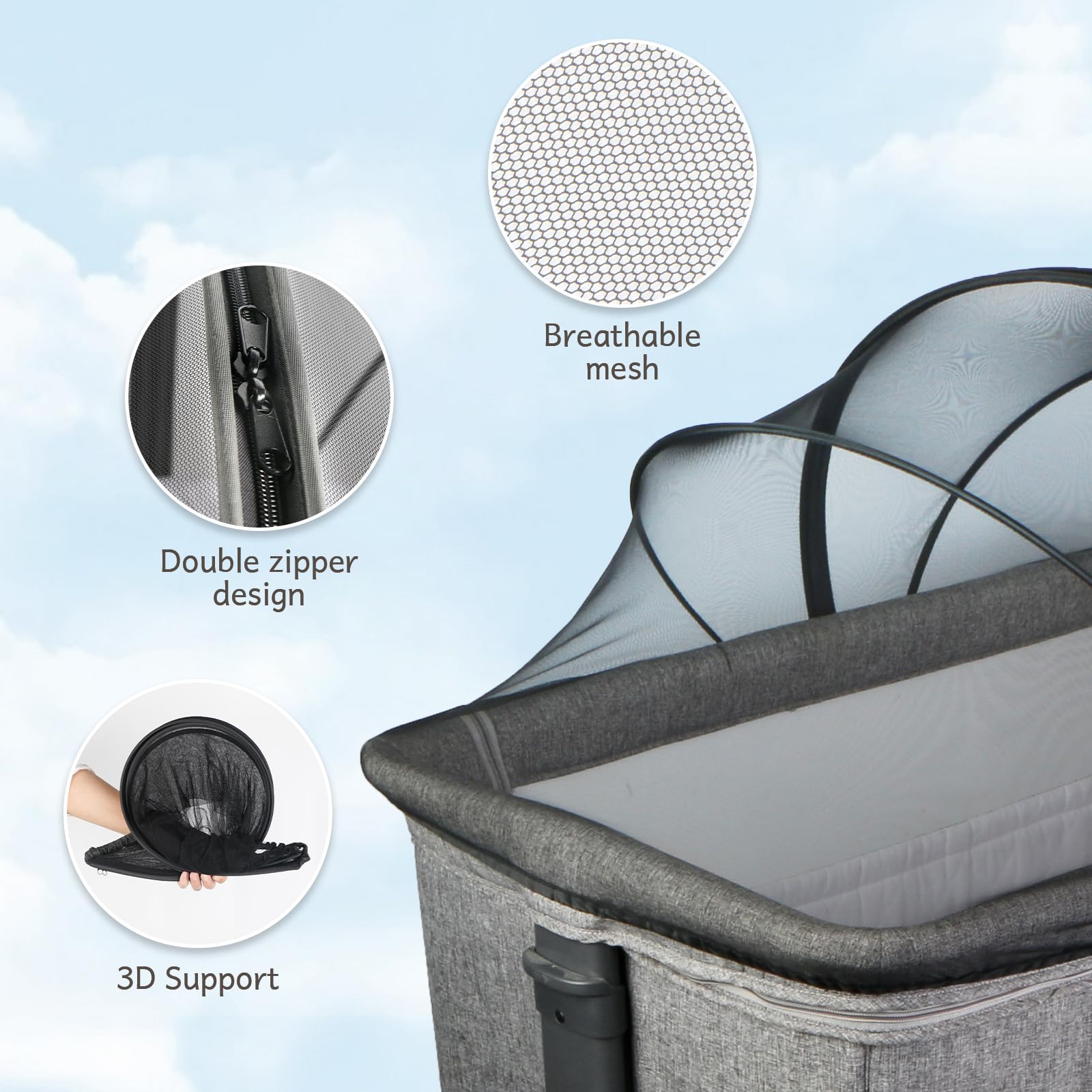 BEBONO bassinet cover showing elastic edges for a universal fit