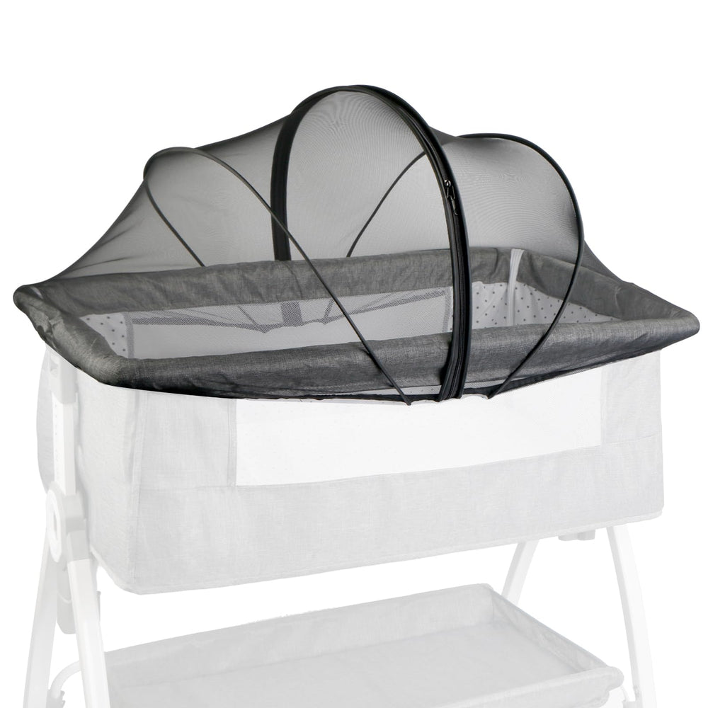 BEBONO bassinet cover in black blocks mosquitoes while keeping airflow for baby