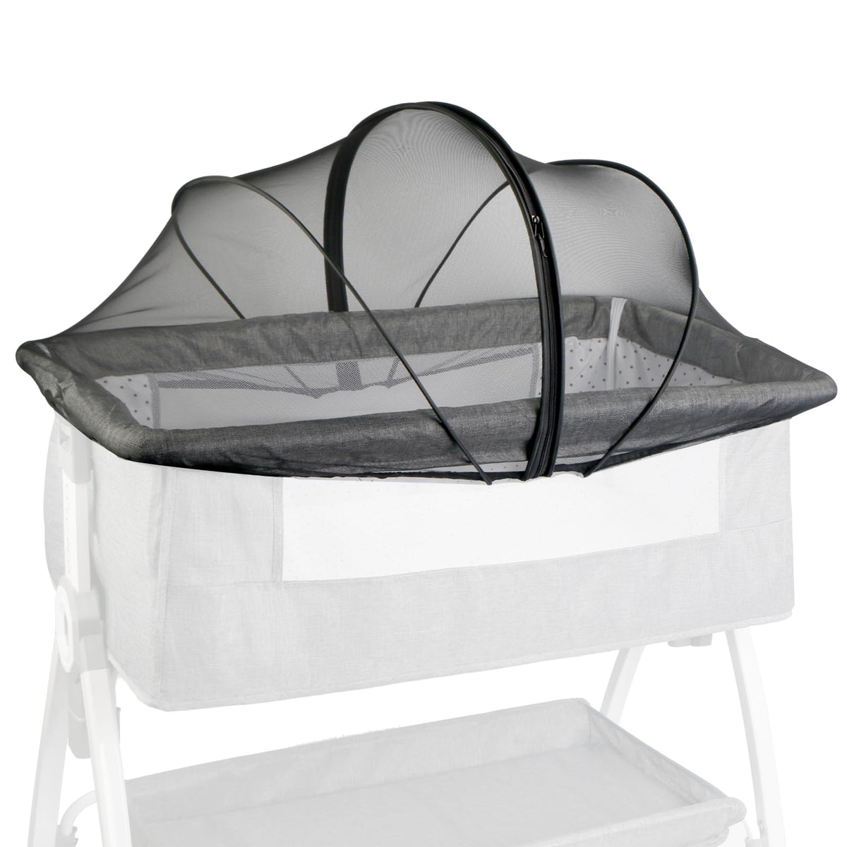 BEBONO bassinet cover in black blocks mosquitoes while keeping airflow for baby