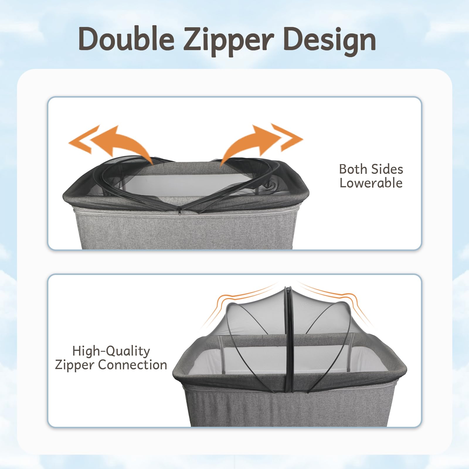 BEBONO bassinet cover with two-way zipper for easy access without disassembly
