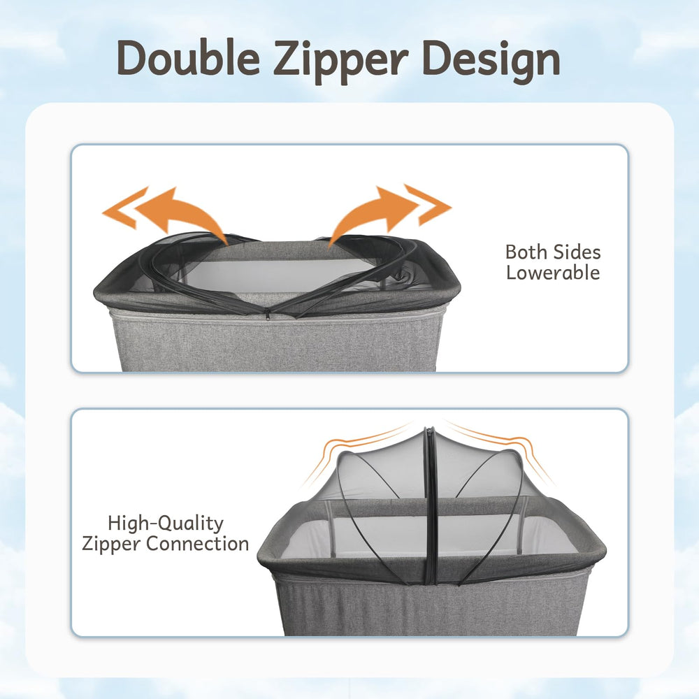 BEBONO bassinet cover with two-way zipper for easy access without disassembly