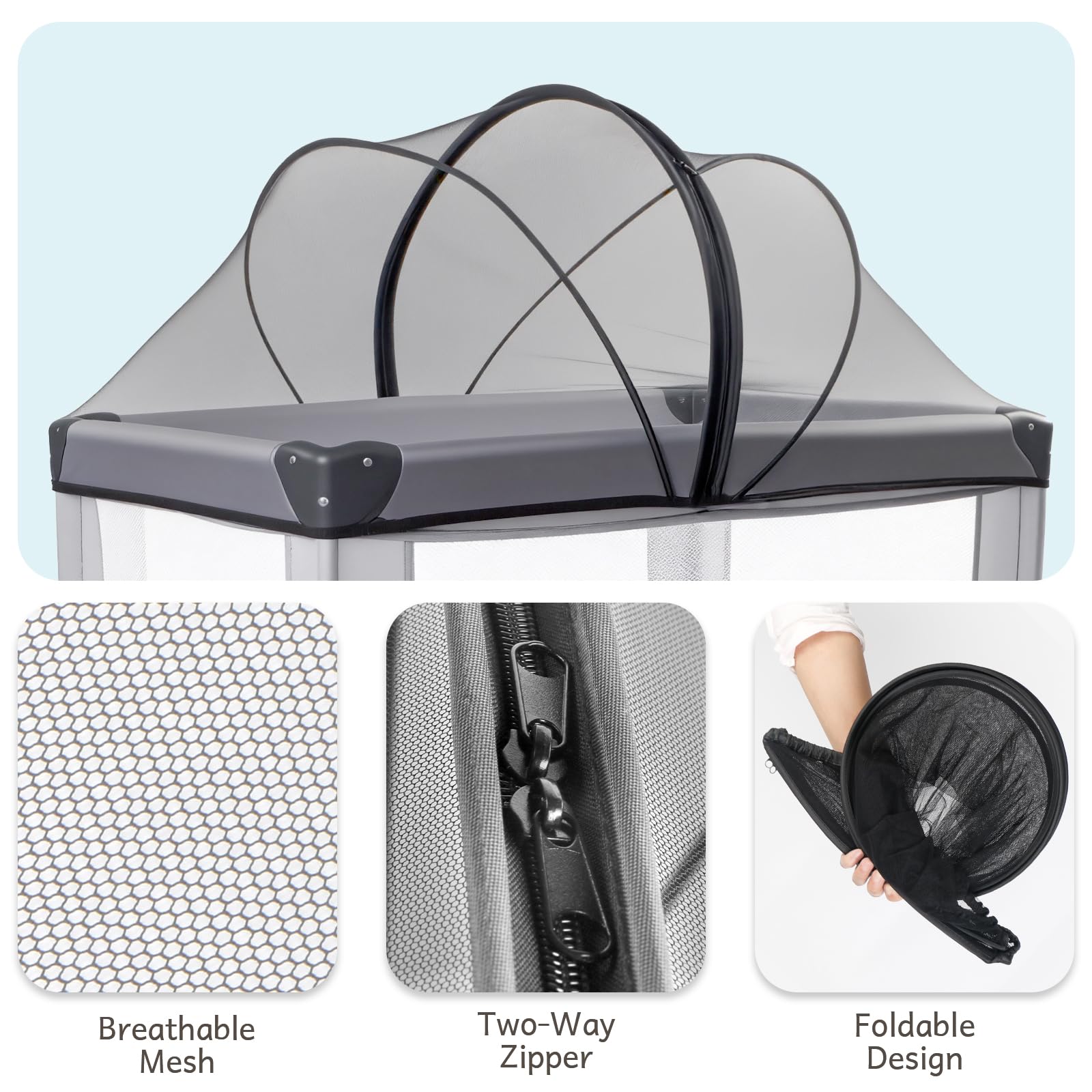 BEBONO foldable mosquito net includes storage bag for compact travel.