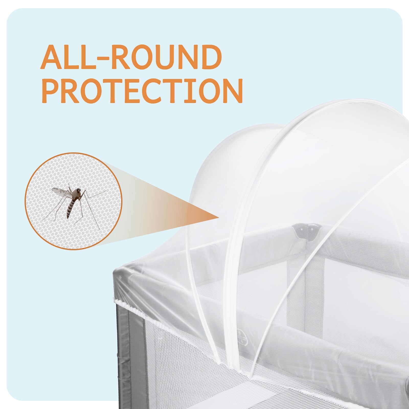 BEBONO mosquito net with universal elastic fit stays secure on most playpens