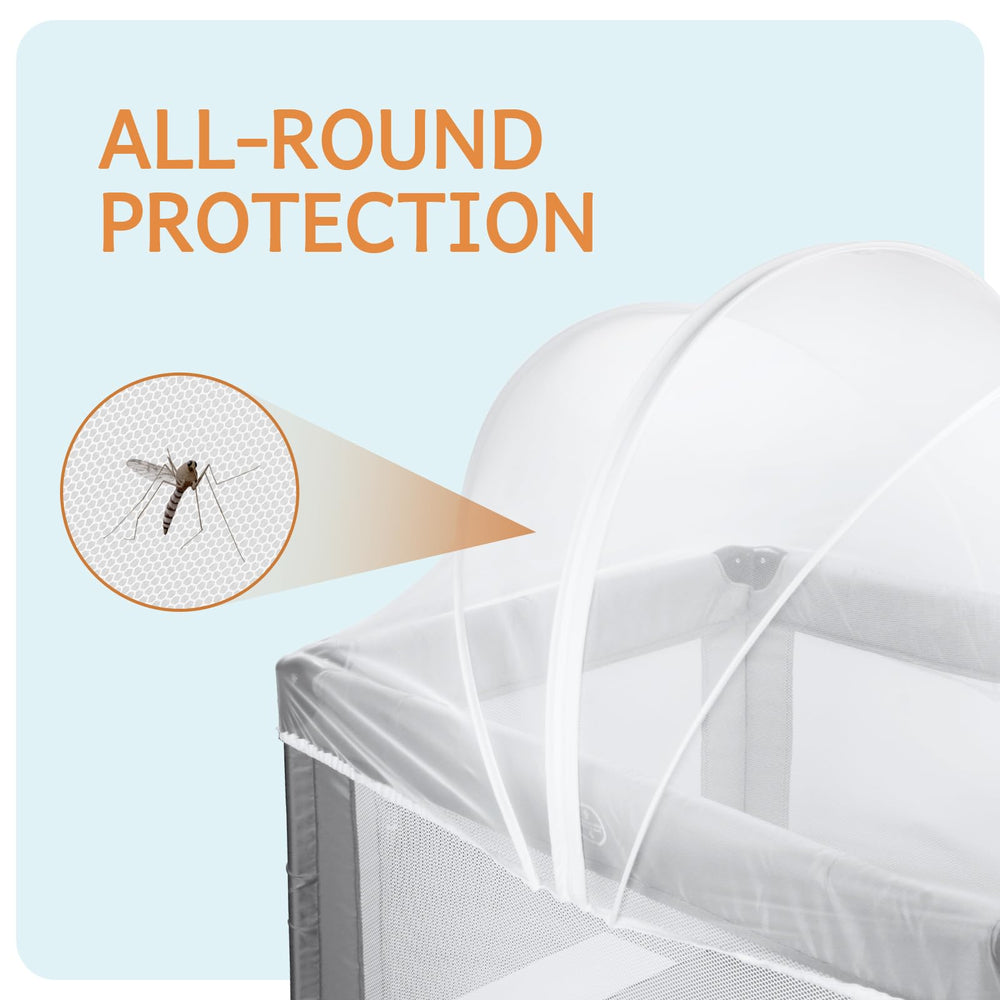 BEBONO mosquito net with universal elastic fit stays secure on most playpens