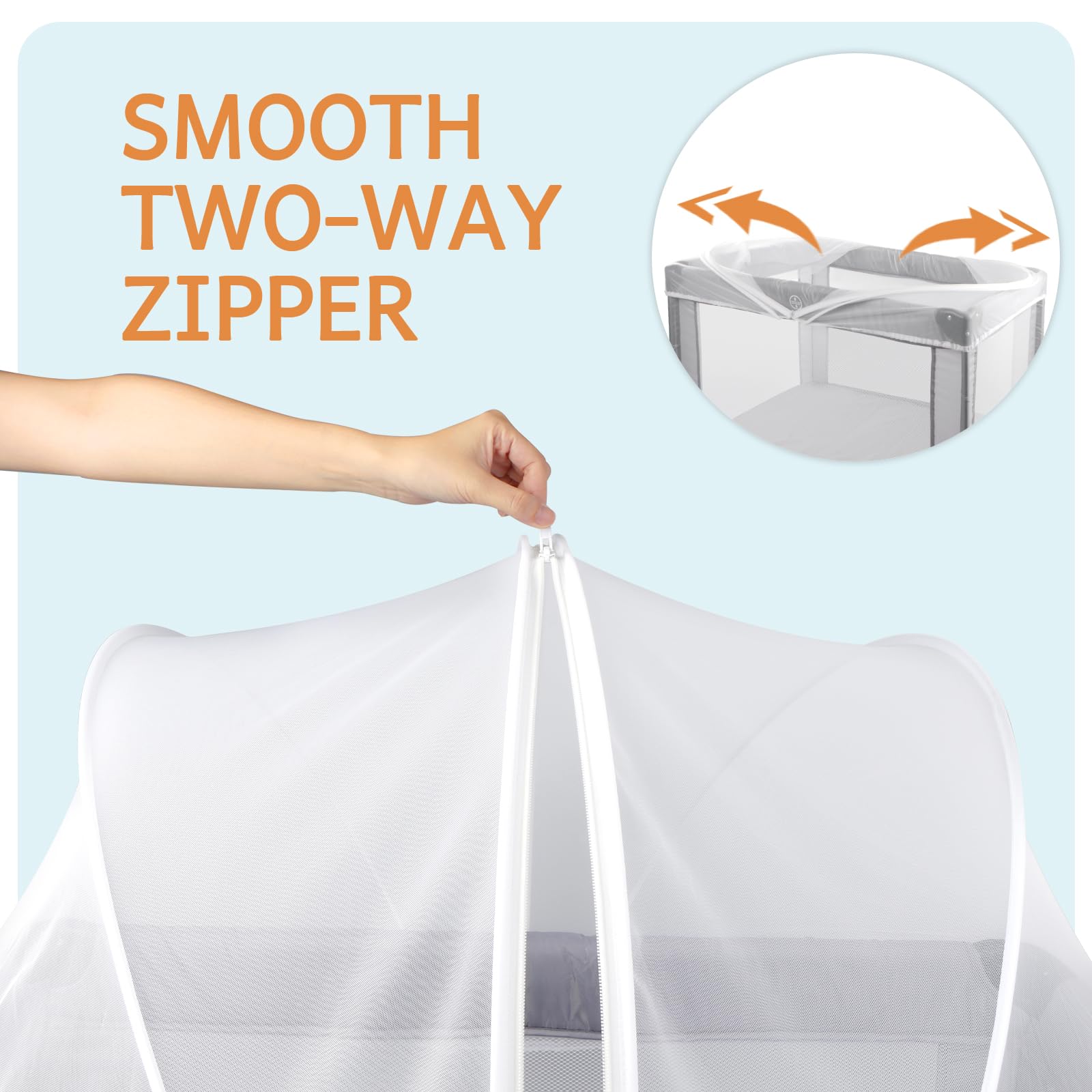 BEBONO playpen net with two-way zipper for easy on/off access during feeding