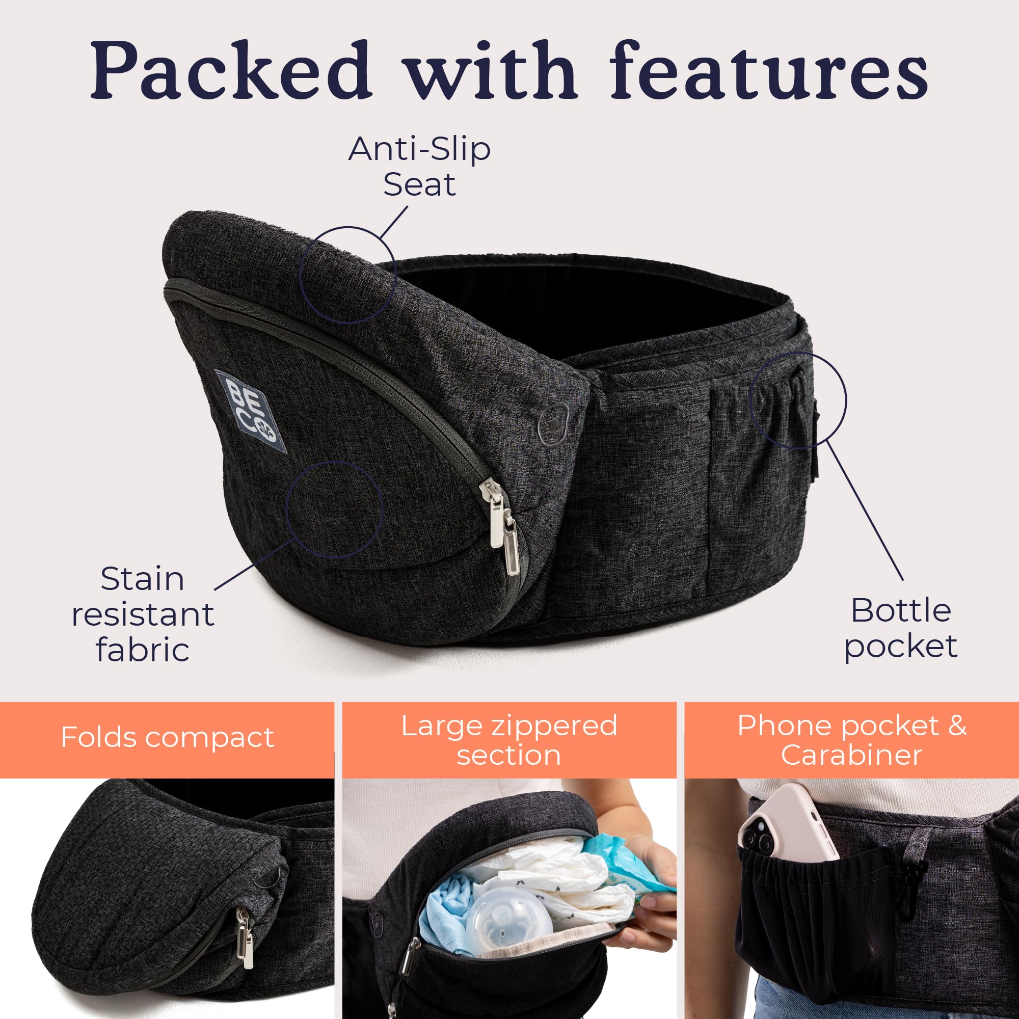 Beco hip-seat feeding position allows convenient nursing breaks on the go.
