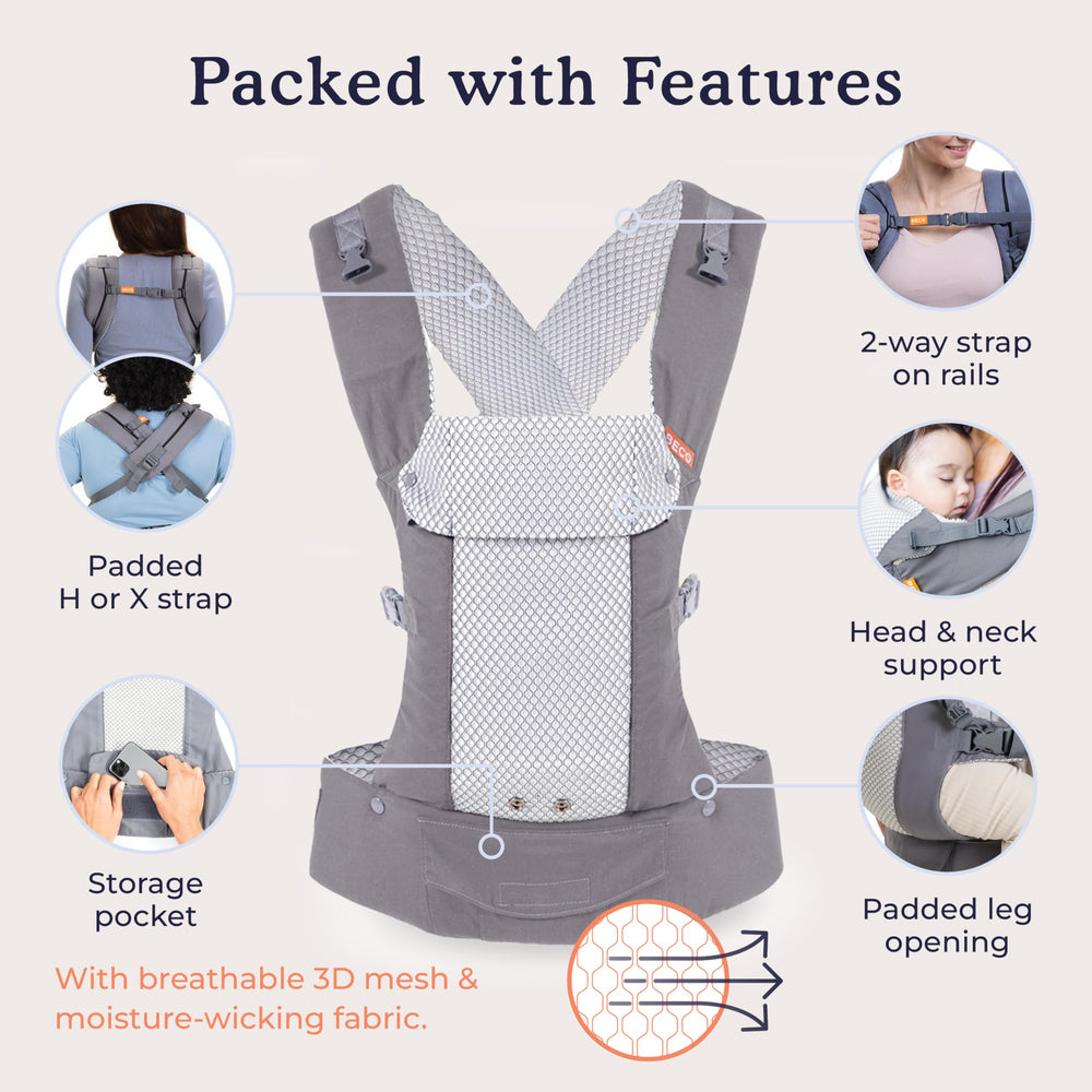 Beco Gemini backpack-style carry centers baby during errands.