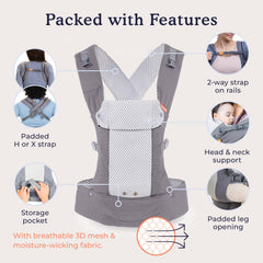 Beco Gemini backpack-style carry centers baby during errands.