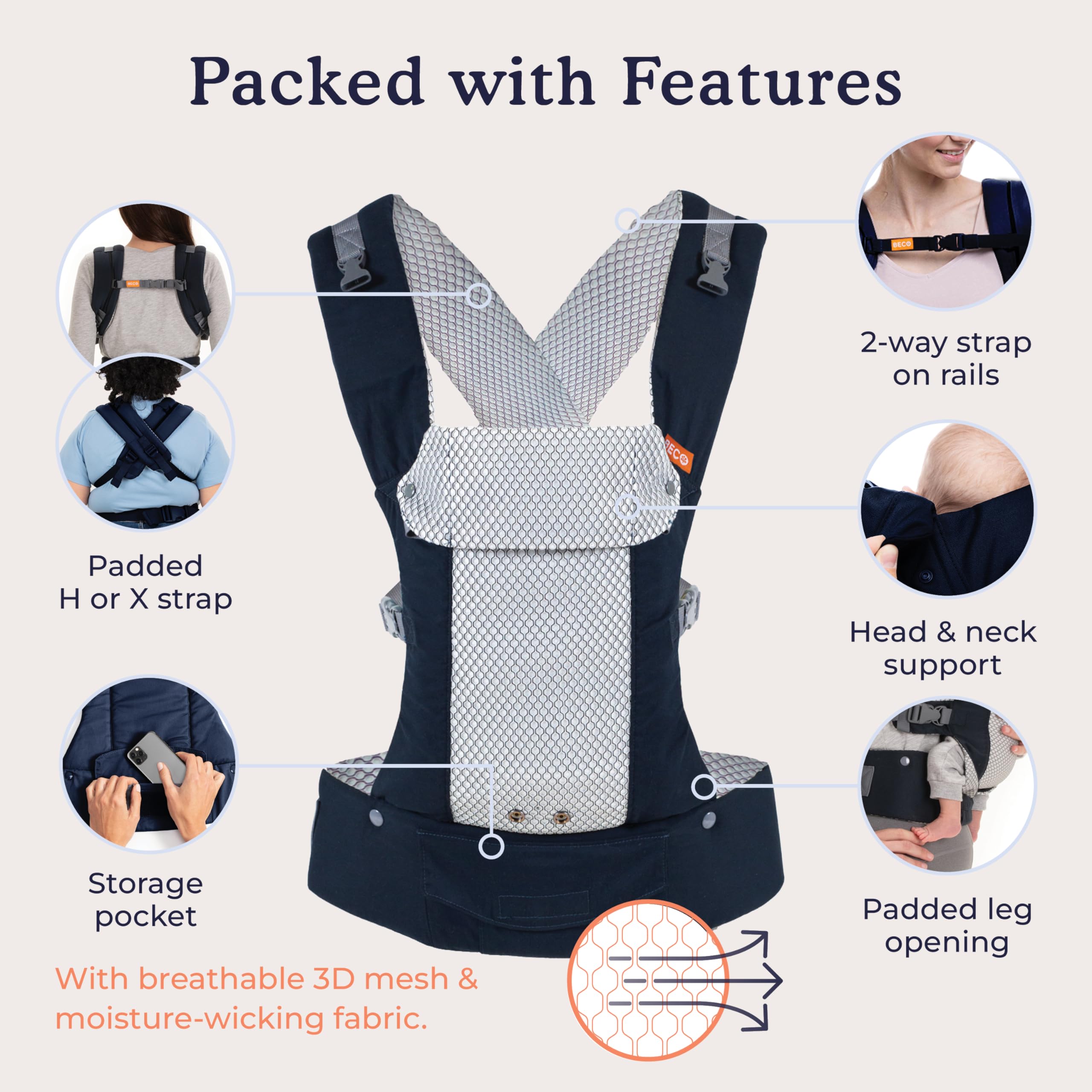 Beco Gemini seat adjustment close-up shows the easy-to-use waistband and seat.