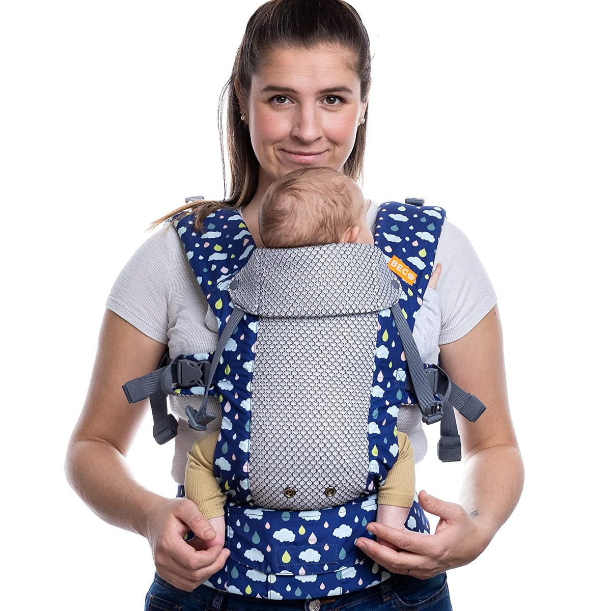 Beco Gemini front view highlights ergonomic support for newborn to toddler.