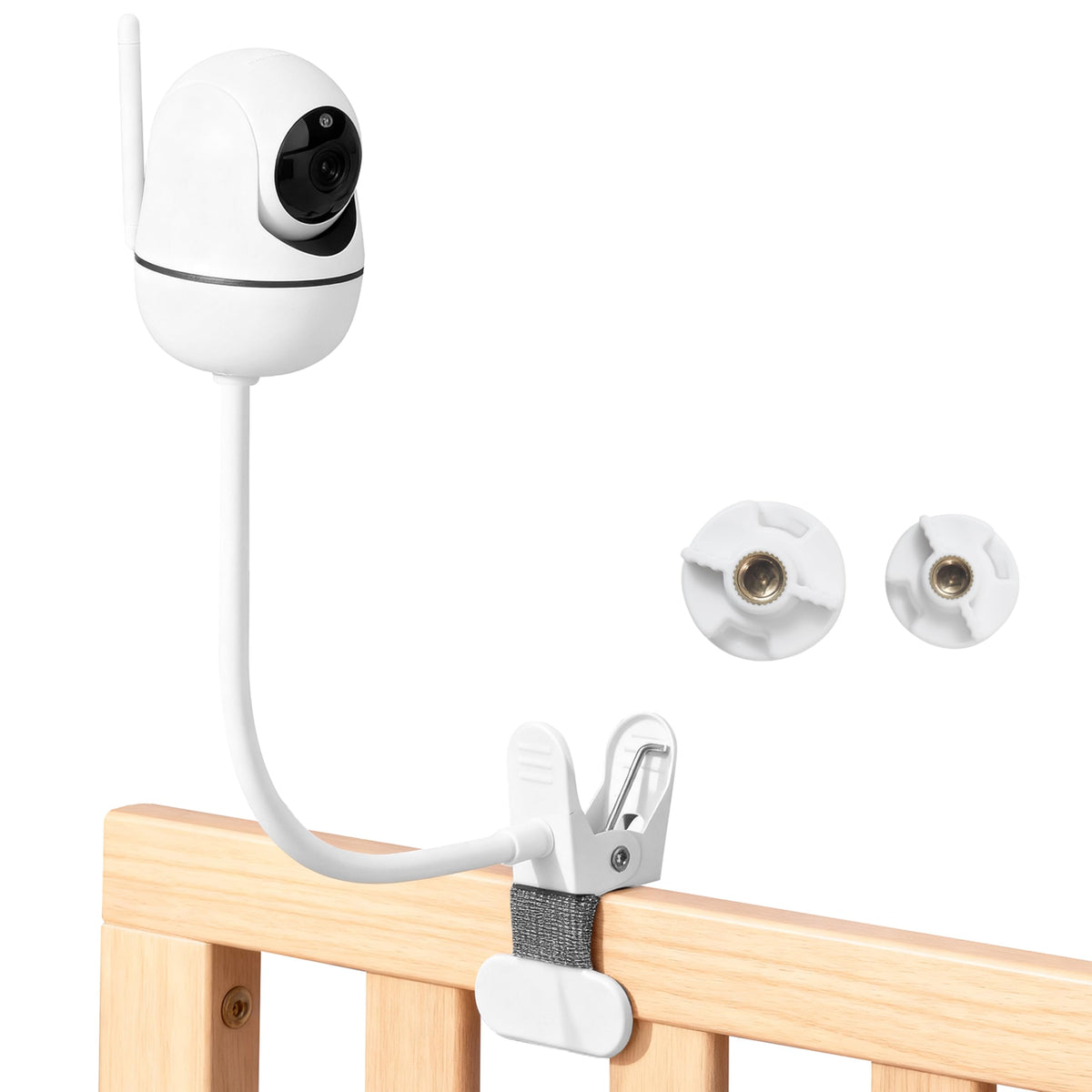 BECOMFY baby monitor mount close-up shows secure clip for crib monitoring.