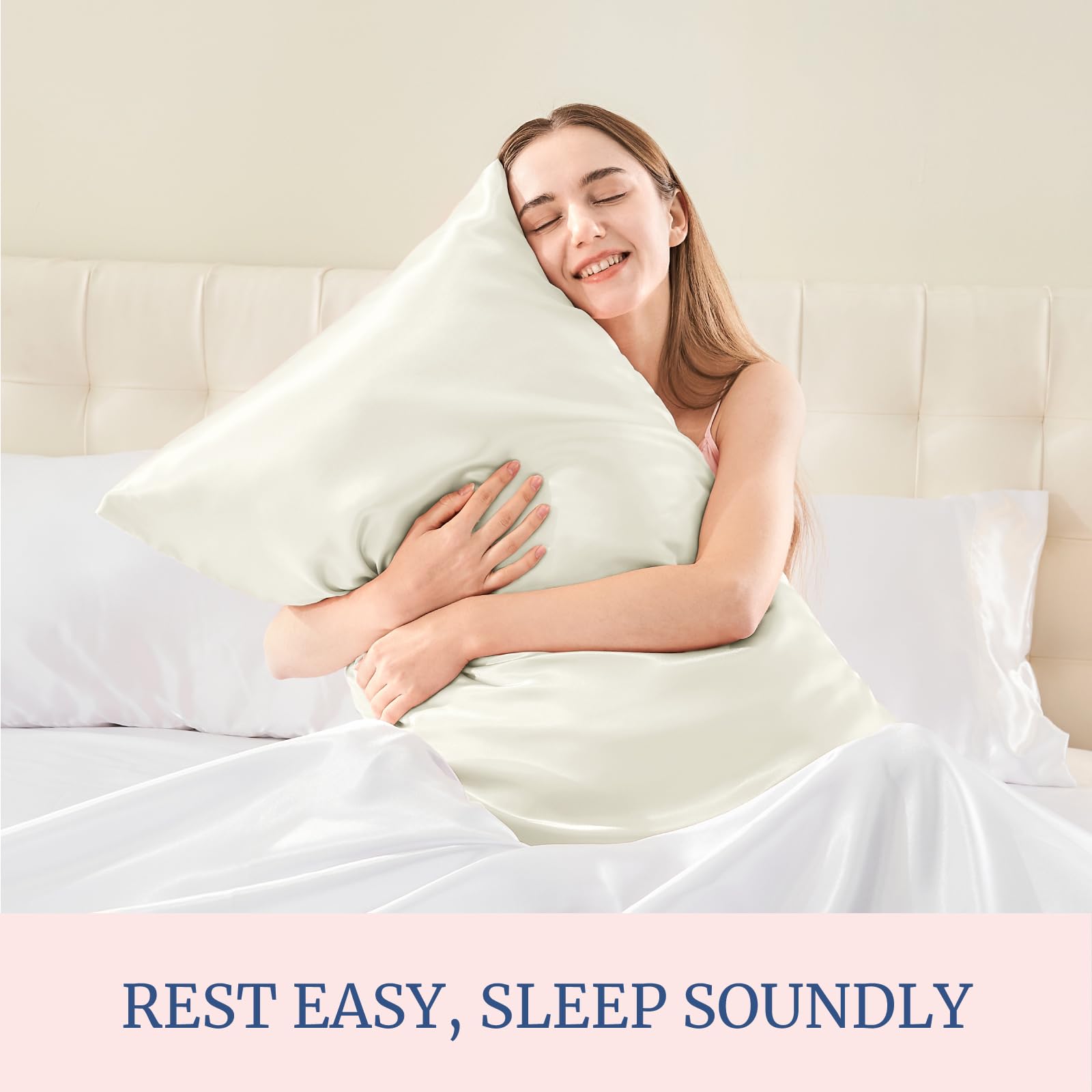 BEDELITE satin pillowcase cool-warm comfort supports year-round sleep in ivory.