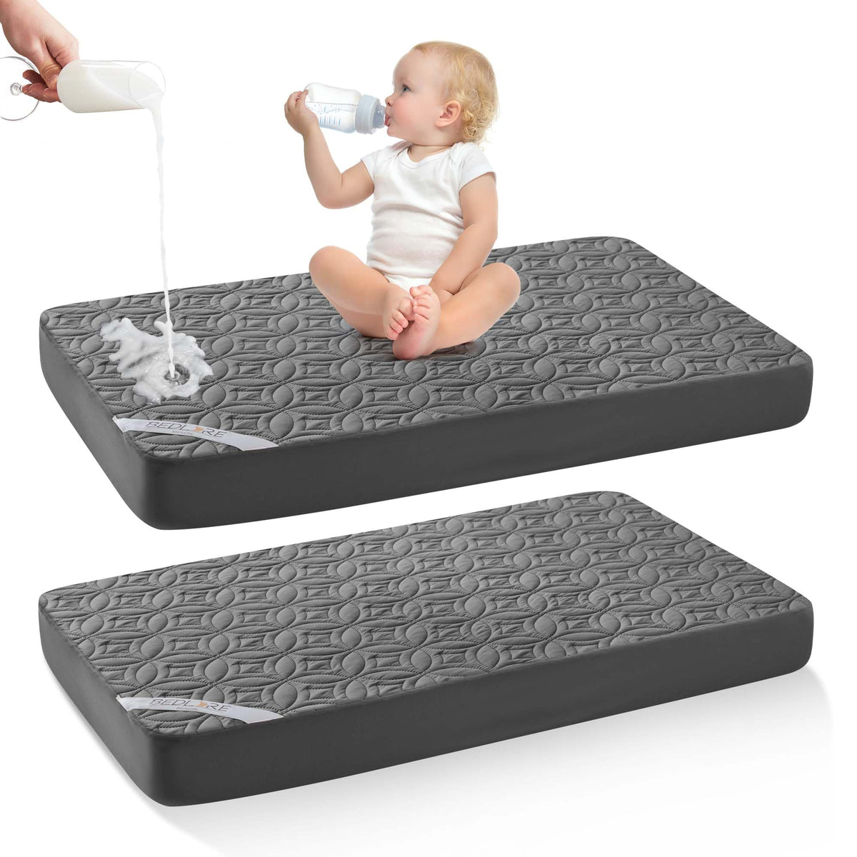 BEDLORE waterproof crib mattress protector 2-pack shields against spills for dry mornings.
