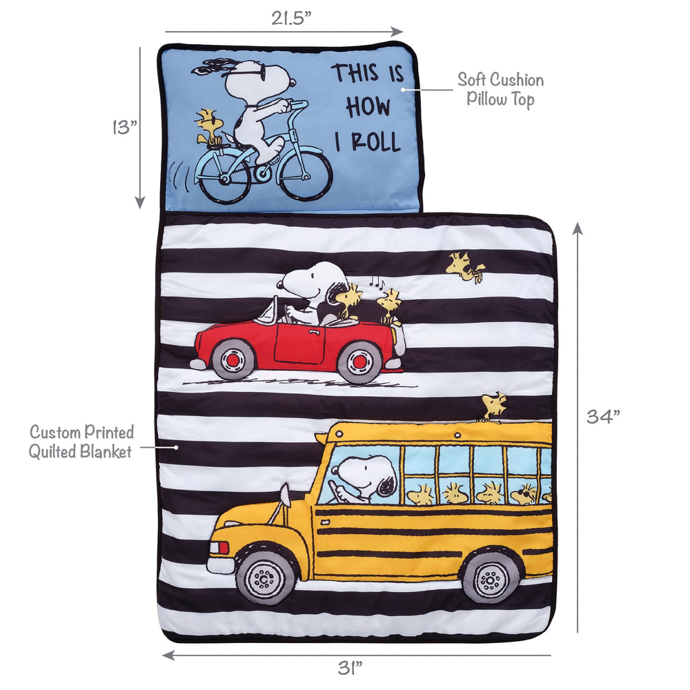 Bedtime Originals Snoopy Woodstock nap mat with built-in pillow for cozy nap sessions