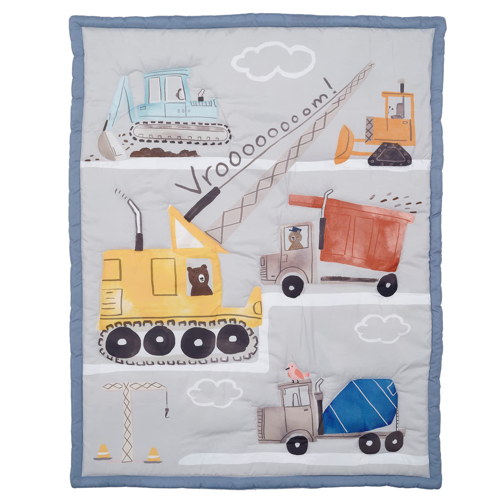 Bedtime Originals Construction Zone bedding arranged for a cozy bedtime routine