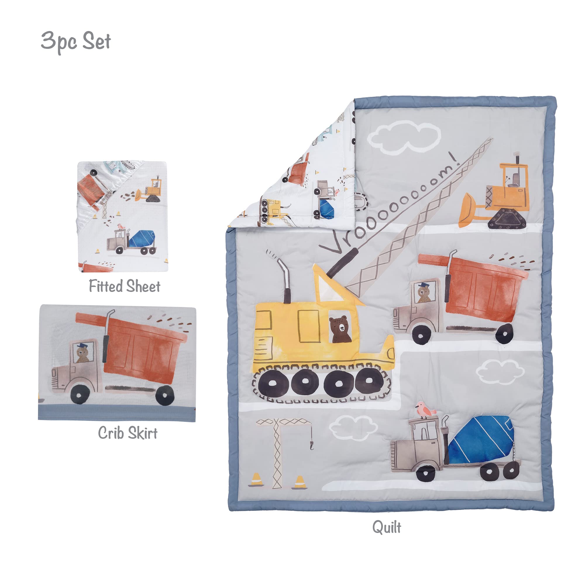 Bedtime Originals Construction Zone nursery scene with coordinated bedding creates a calm sleep space