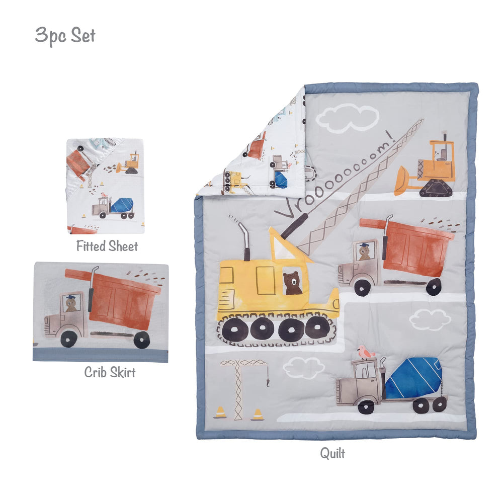 Bedtime Originals Construction Zone nursery scene with coordinated bedding creates a calm sleep space