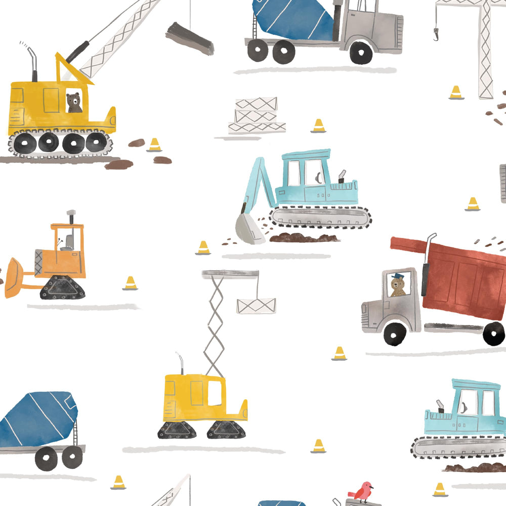 Bedtime Originals Construction Zone sheet colorfully painted vehicles for stimulating bedtime imagination.