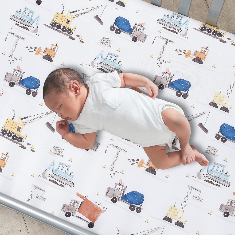 Bedtime Originals Construction Zone sheet closeup microfiber for soft, cozy naps.