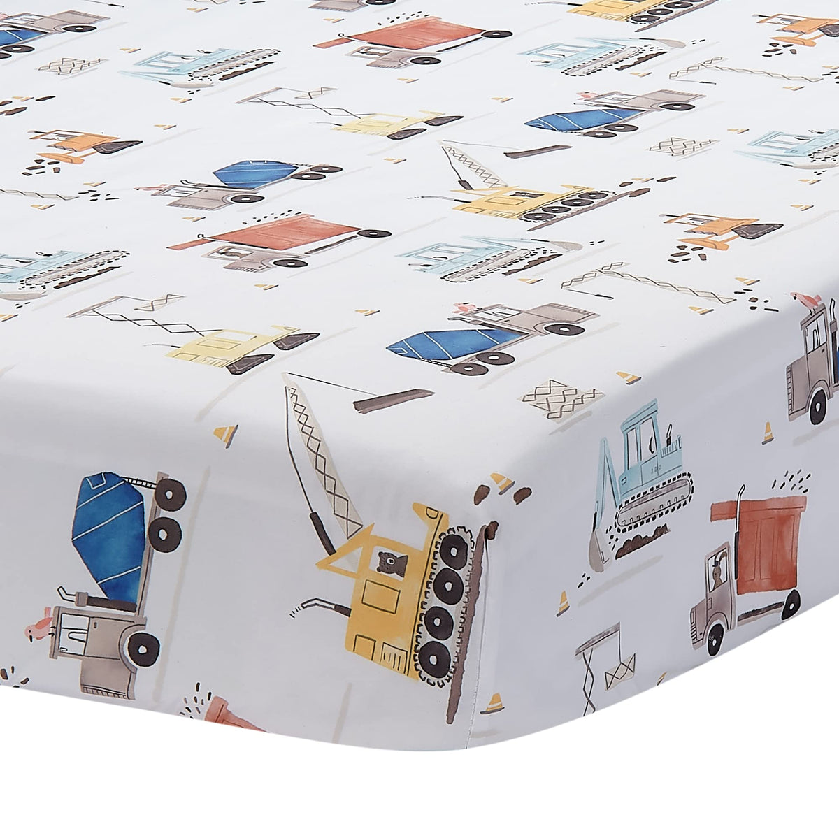 Bedtime Originals Construction Zone sheet with white trucks for playful bedtimes.