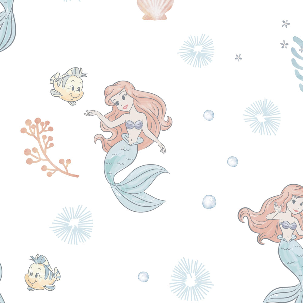 Bedtime Originals Disney Baby Ariel peach and seafoam palette enhances baby-friendly sleep cues.