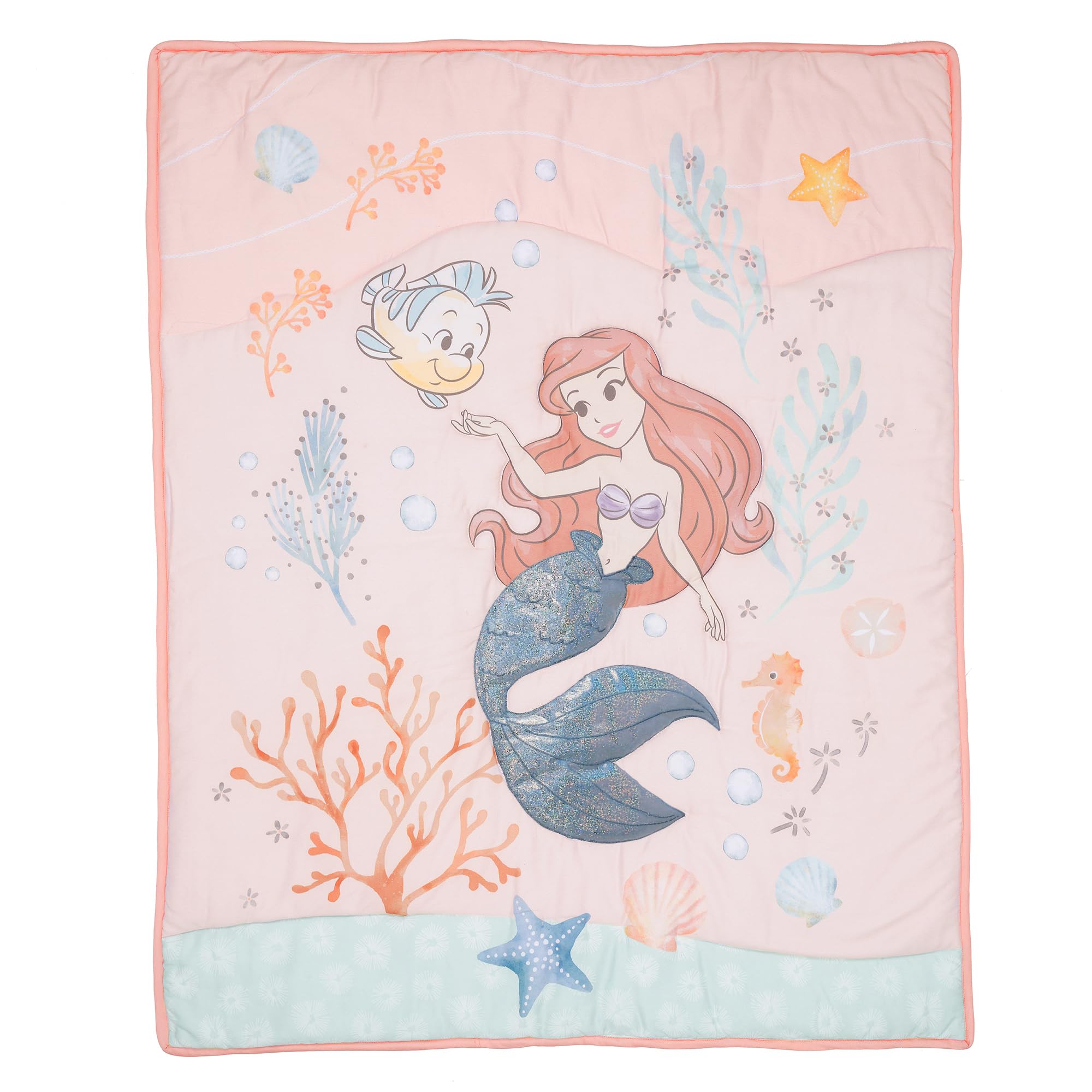 Bedtime Originals Disney Baby Little Mermaid color palette with coral, peach, seafoam, and sky blue for soothing naps