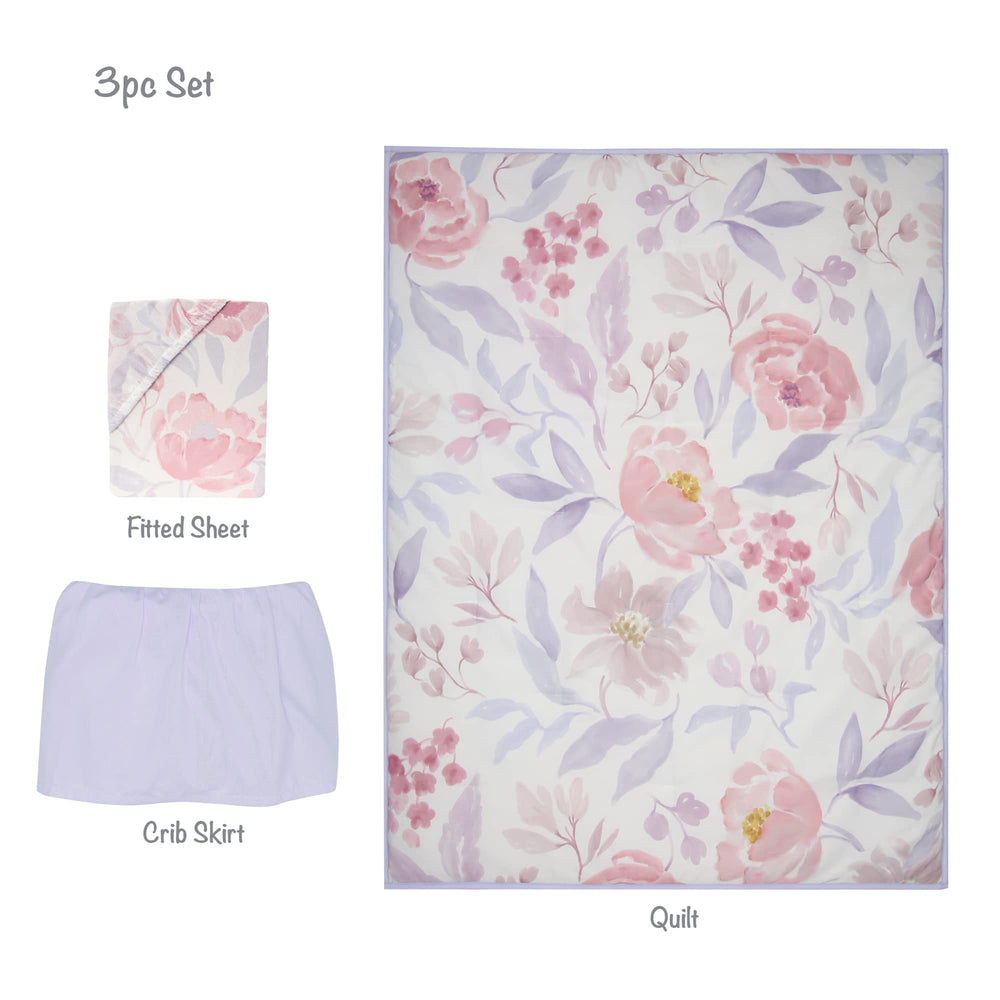 Bedtime Originals Lavender Floral nursery setup highlights matching pink and lavender tones