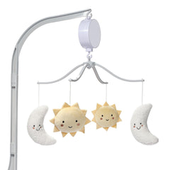 Bedtime Originals Little Star mobile moons and suns rotate to aid visual tracking and calm bedtime moments.