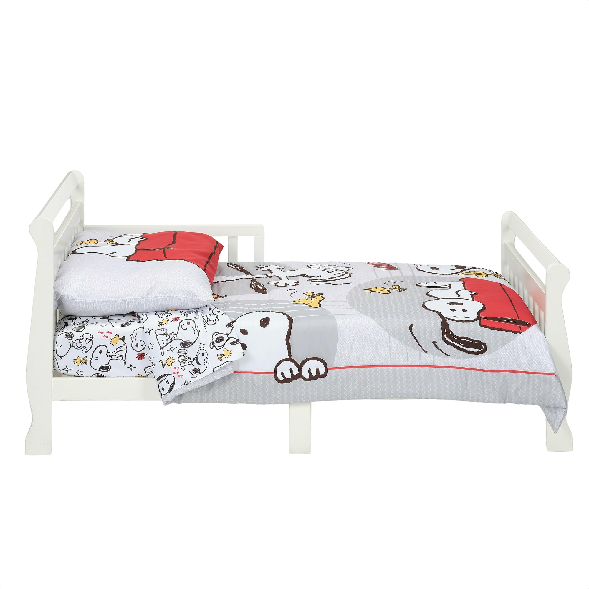 Bedtime Originals Snoopy Love gray red white color palette for kid-friendly bedrooms.