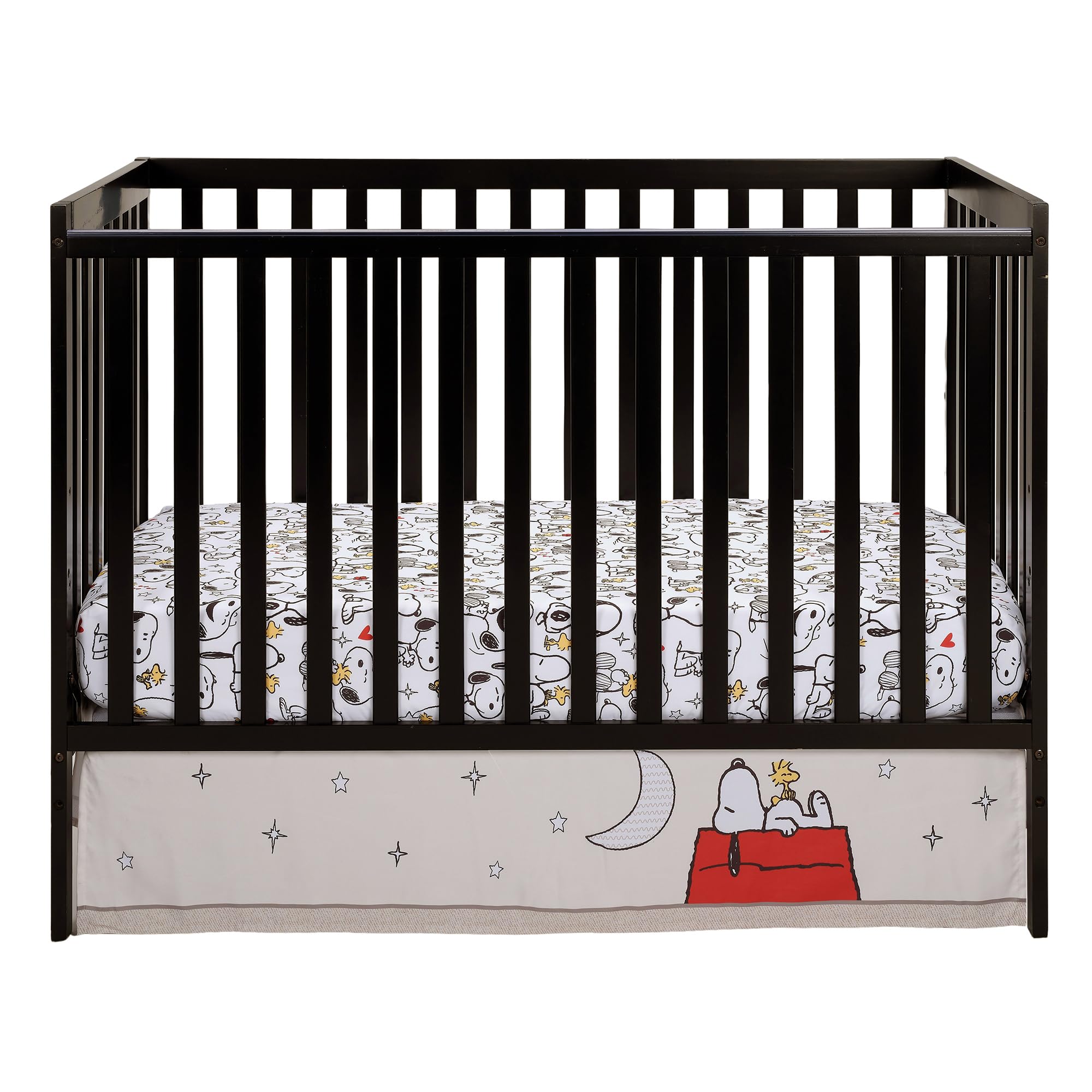 Bedtime Originals Snoopy Love stars and moon motif adds whimsy.