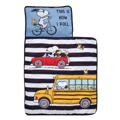 Bedtime Originals Snoopy Woodstock nap mat roll-up view for travel-friendly preschool naps