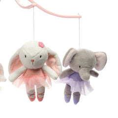 Bedtime Originals Tiny Dancer mobile closeup of two elephants and two bunnies