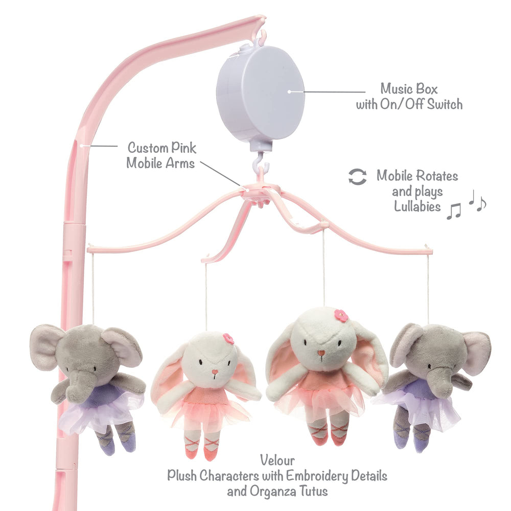Bedtime Originals Tiny Dancer mobile mounted above crib in pink setup