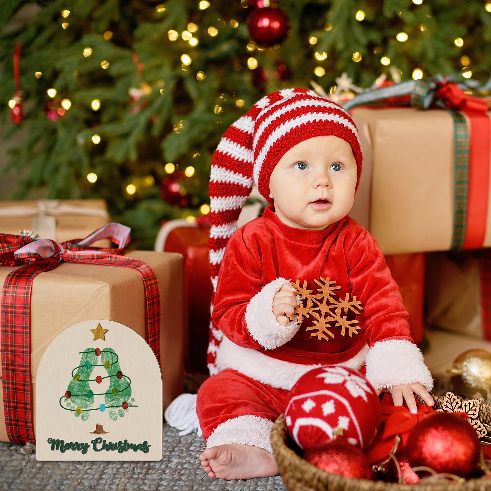 Beeveer baby footprint art mistletoe ornament DIY customization option supports personalized name and date