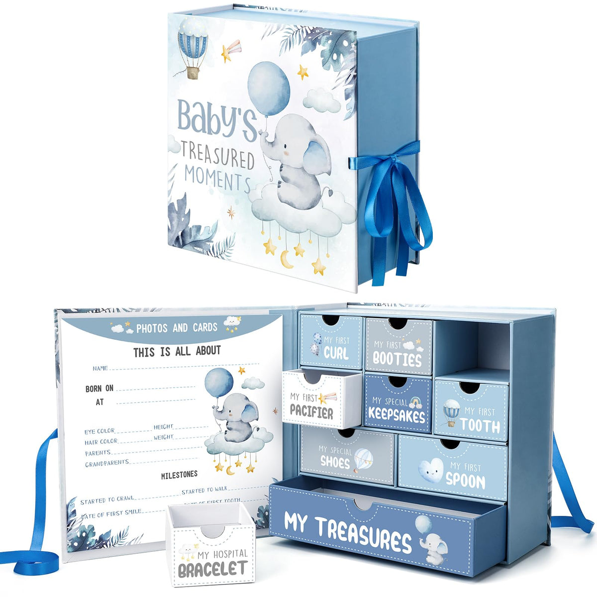 Beeveer Baby Keepsake Box front view with blue elephant design preserves newborn memories.