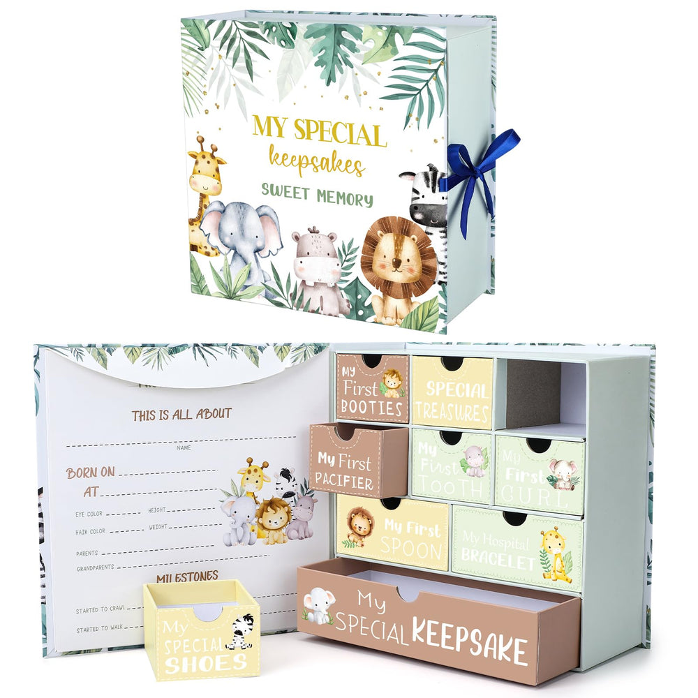 Beeveer baby keepsake box with jungle animals compartments for newborn memories and organized mementos.