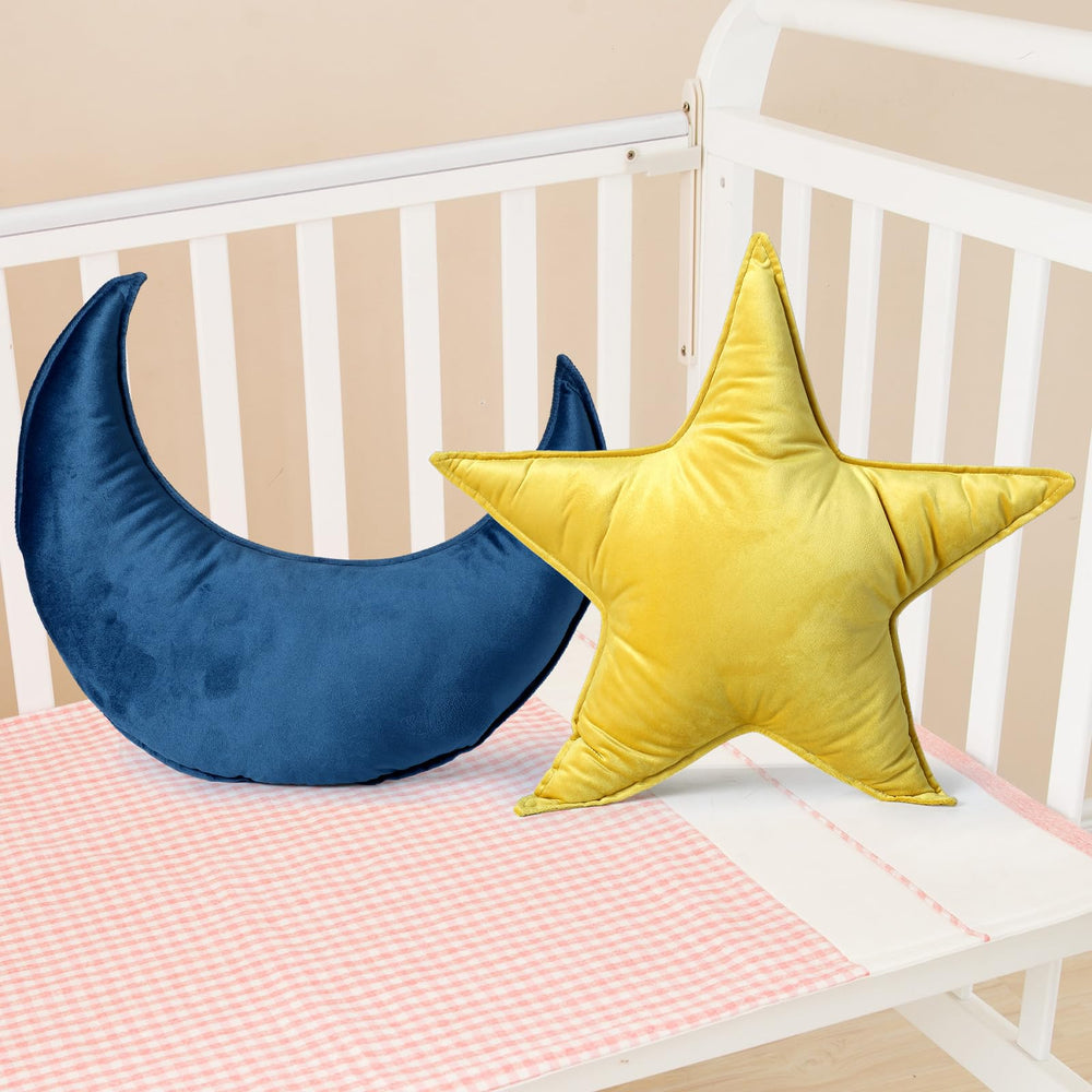 Beeveer Moon Pillow blue offers soft velvet comfort for nursery decor.