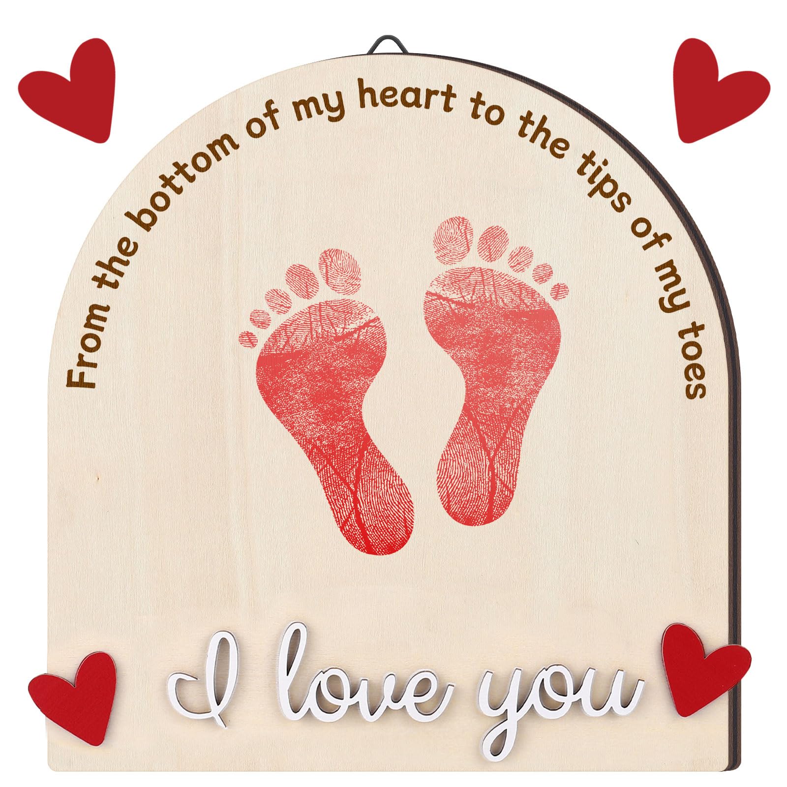Beeveer Valentine's Heart Footprint Art Sign closeup showing laser-engraved keepsake design for photo props.
