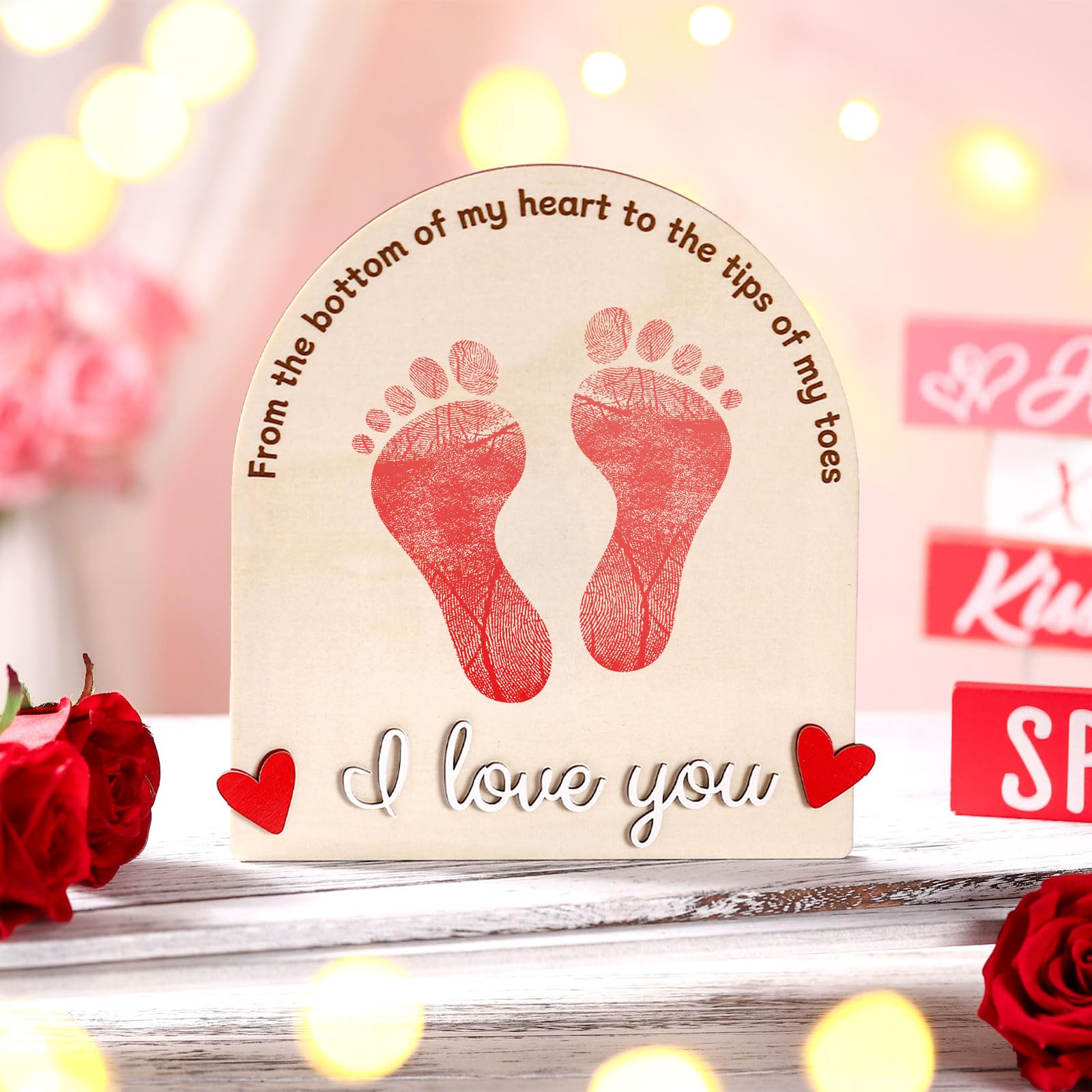 Beeveer Valentine's Heart Footprint Art Sign frame view showing intricate engraving for nursery decor.