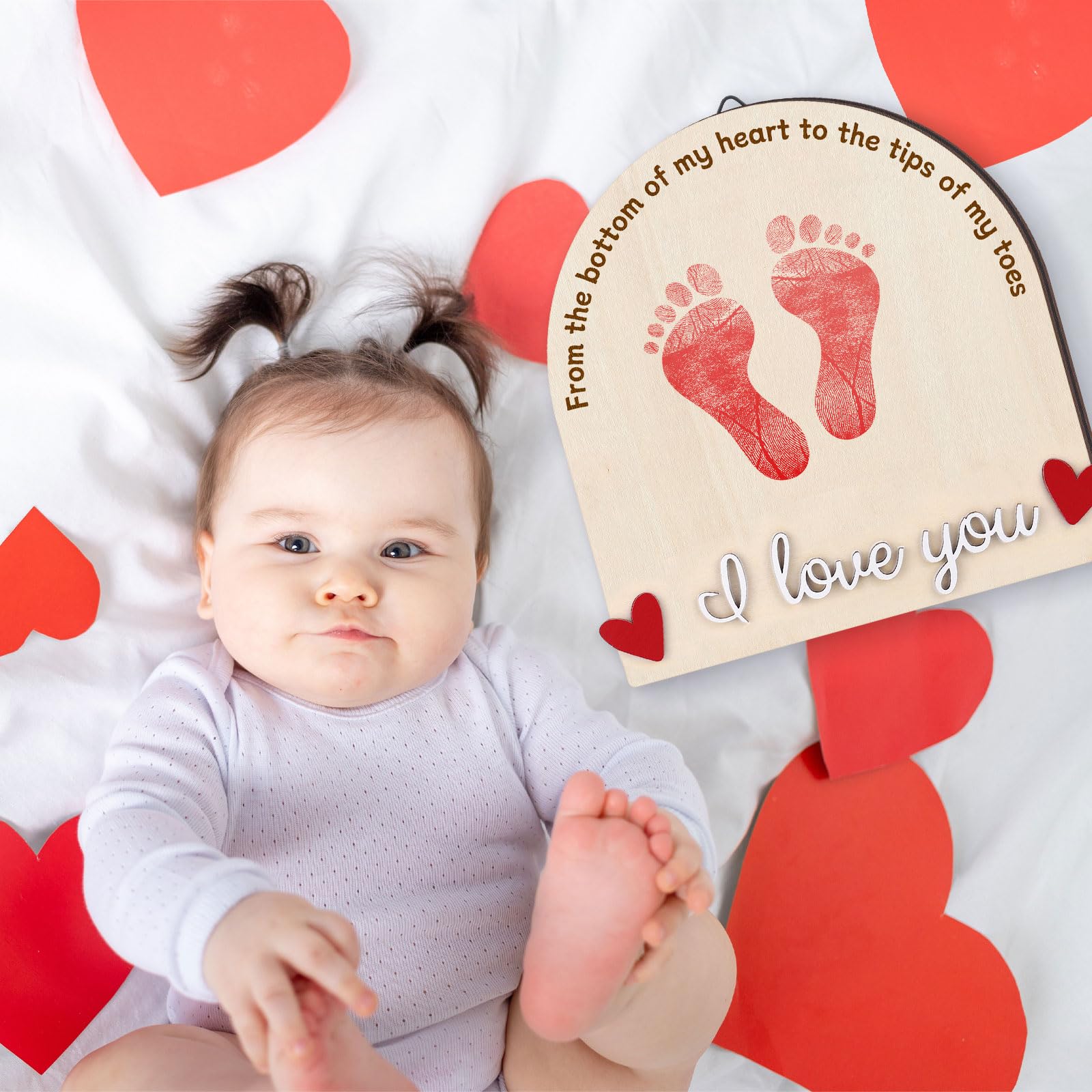 Beeveer Valentine's Heart Footprint Art Sign in nursery decor setting.