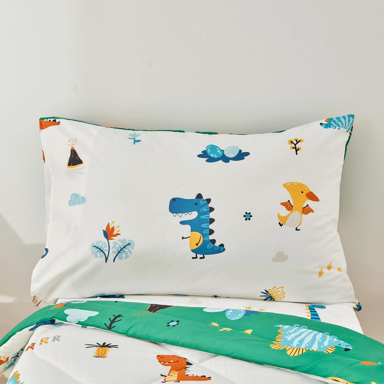 Beeweed dinosaur toddler bedding pillowcase in colorful patterns for cozy sleep.