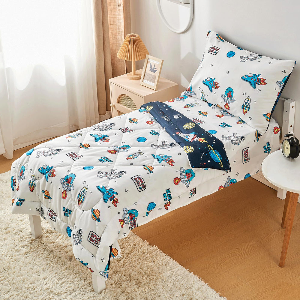 beeweed double-sided toddler bedding rocket dinosaur patterns for versatile bedtime styling