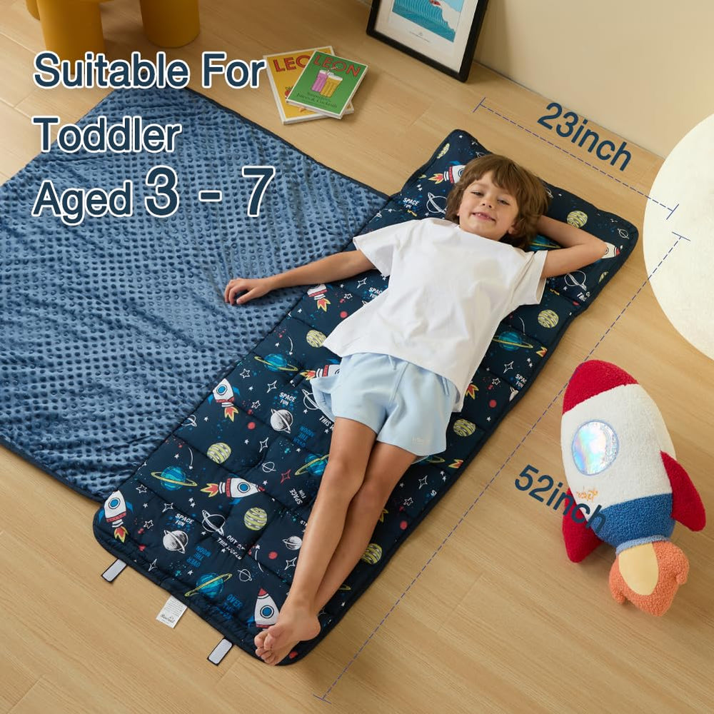 Beeweed nap mat with handles and hook-and-loop for quick roll-up.