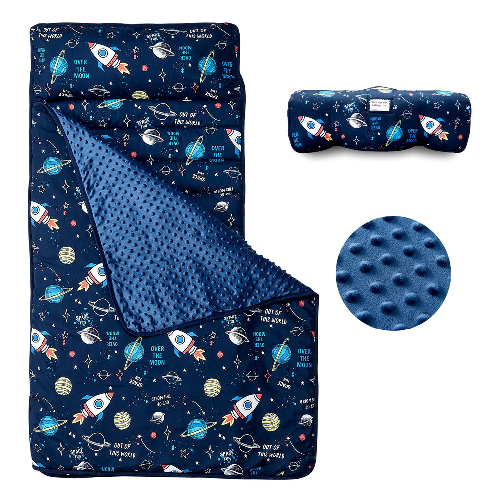 Beeweed toddler nap mat rollup design for easy travel portability.