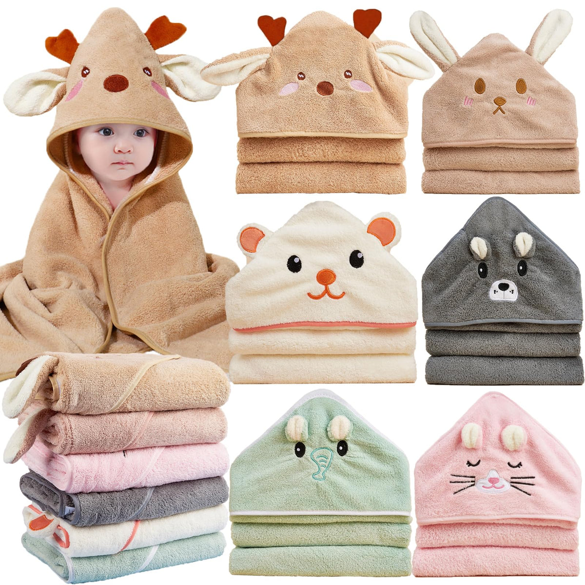 BEFACL 6pack hooded baby towels pack shown, ultra-soft fabric for sensitive newborn skin