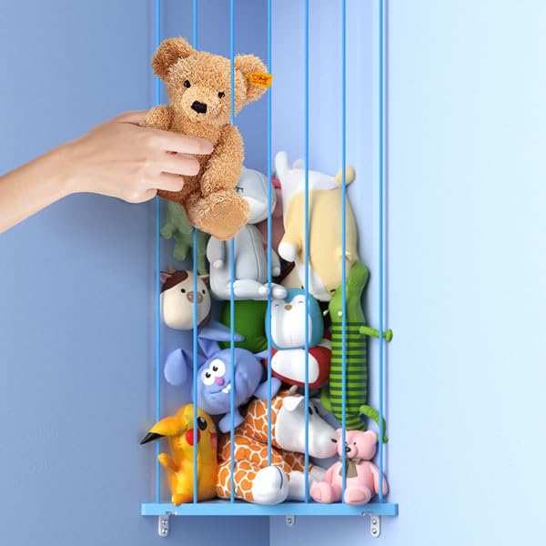 Befayoo blue corner-storage shelf keeps toys off the floor.
